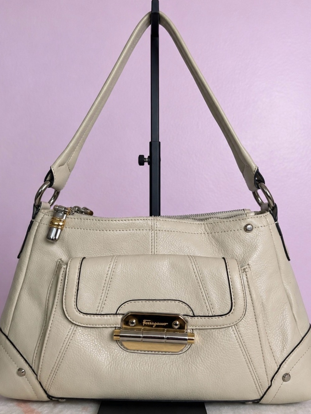 b. makowsky Cream Leather Shoulder Bag with Gold Hardware Accent